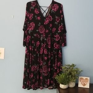 MULTI-COLOR FLORAL PRINT LACE UP BACK SKATER DRESS